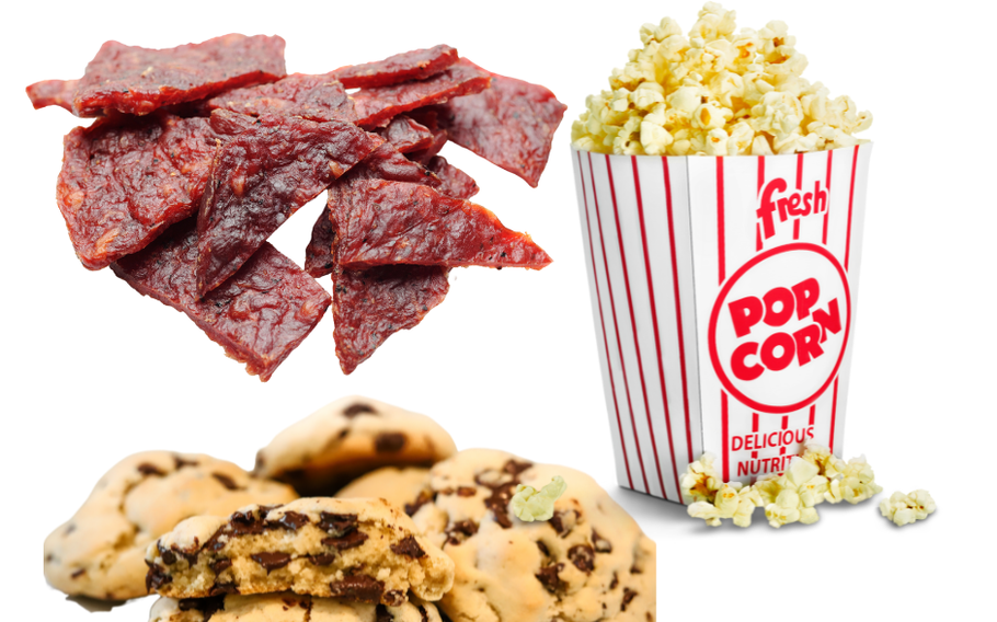 Beef jerkey, bag of popcorn and cookies