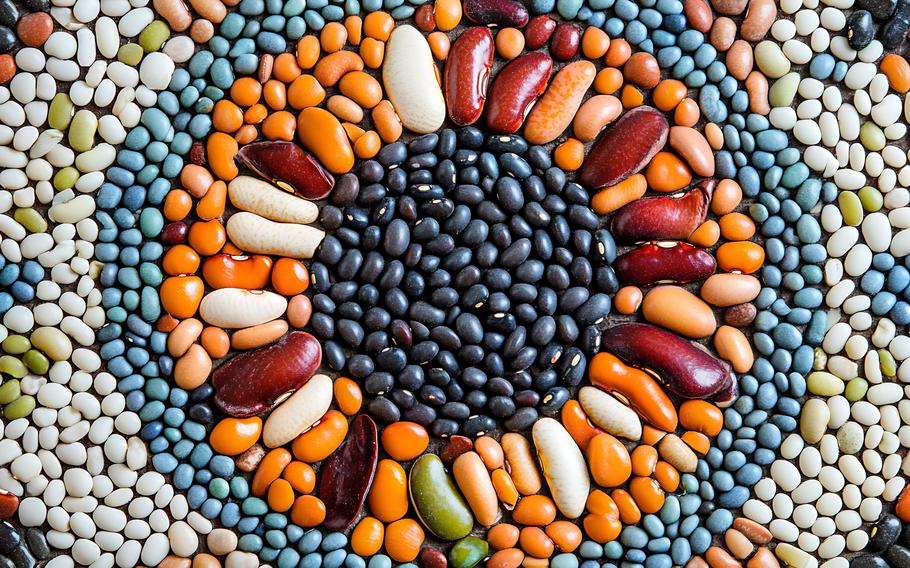 Different sizes of beans painted blue, green, orange and white form a pretty circular pattern. 