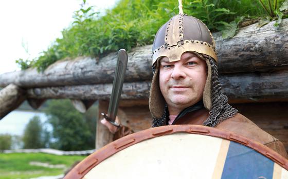 Portrait of serious man in Viking Armor, Karelia