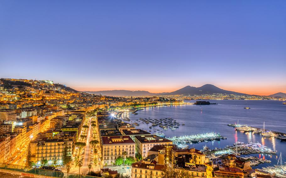 Naples in Italy with Mount Vesuvius before sunrise