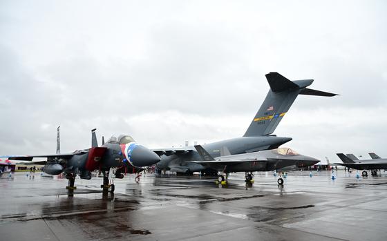 U.S. fighter and cargo aircraft are displayed at the 2023 Royal International Air Tattoo at RAF Fairford, England, July 14, 2023. Known as the world’s largest military airshow, RIAT is an international exhibition that provides an opportunity for the U.S. Air Force to strengthen relationships and display interoperability with partner nations from around the globe.