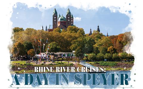 a painterly style web graphic of the city of Speyer with the River in the forefront. 