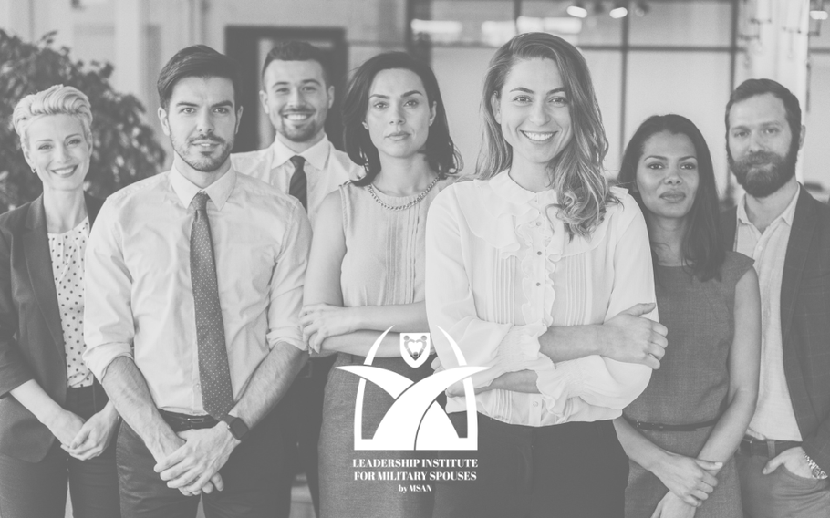Black and white picture of a group of people in business attire with the Leadership Institute logo..