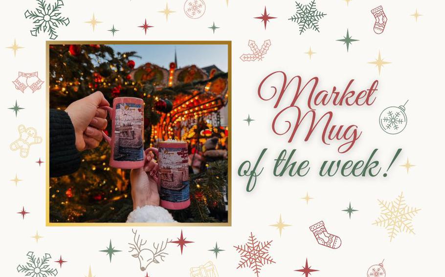 a picture of two people holding hot pink Christmas market mugs against the backdrop of a sparkly evergreen and market stalls