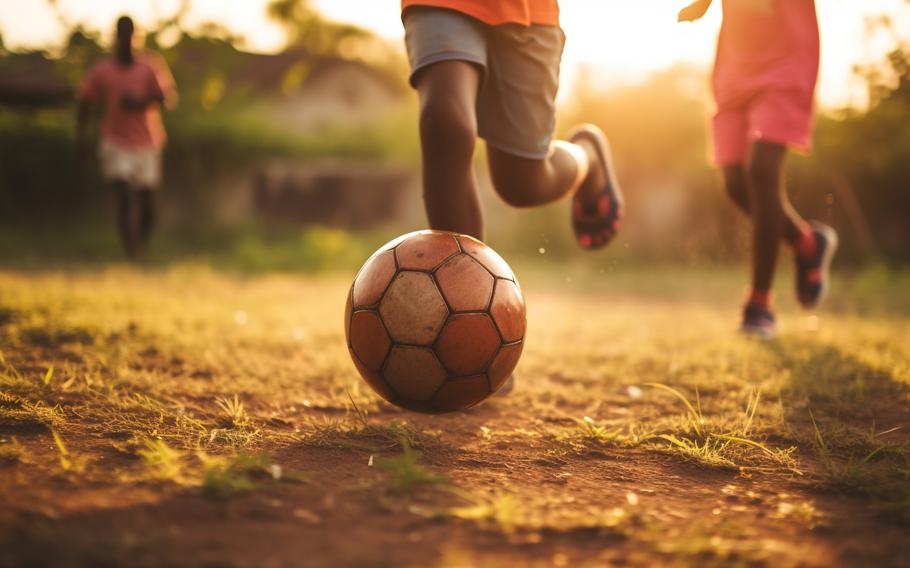 Children kicking a ball in the grass