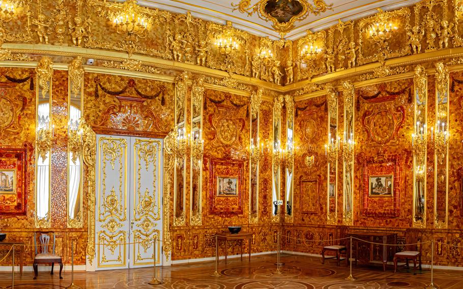 A room covered from ceiling to floor in amber
