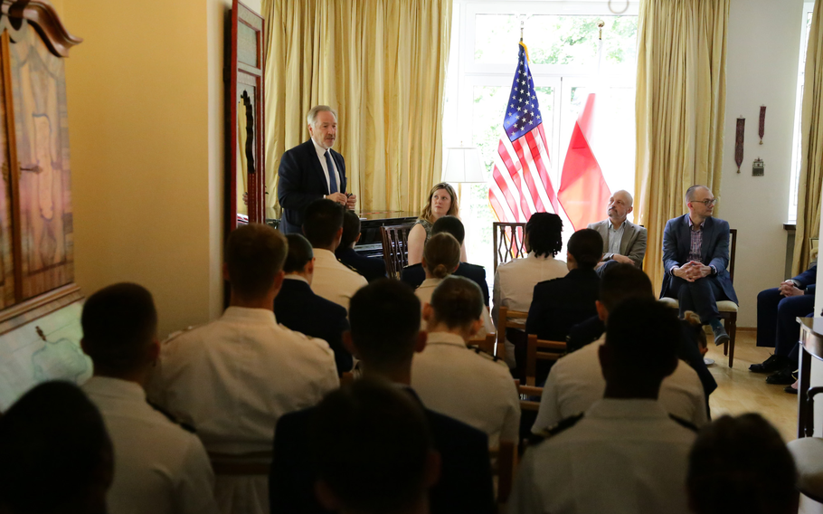 Participants in the American Service Academies Program, coordinated by the Auschwitz Jewish Center, visit the U.S. Consulate General in Krakow as part of their extensive educational experience in Poland confronting the history of the Holocaust and its lessons for ethical leadership.