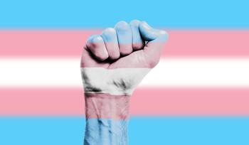 Transgender flag painted on a clenched fist.