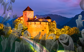 Ghosts surrounding a photo of a castle in Liechtenstein at night