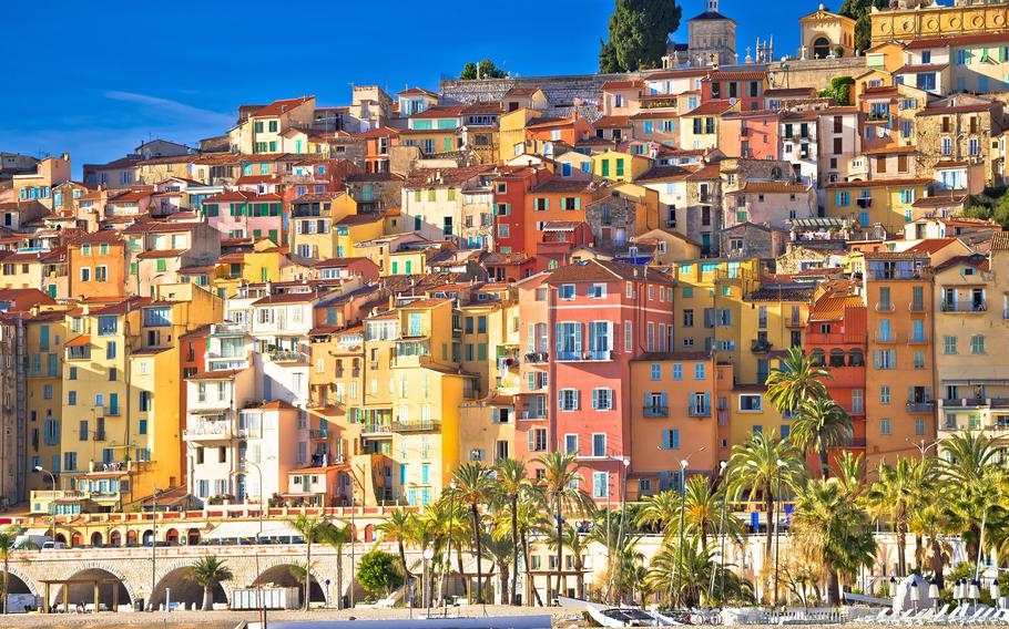 Colorful facades of Cote d Azur town of Menton beach and architecture view, Alpes-Maritimes department in southern France