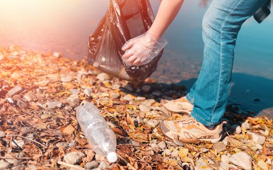 Photo Of A female volunteer removes a plastic bottle on the shore of a lake or river.