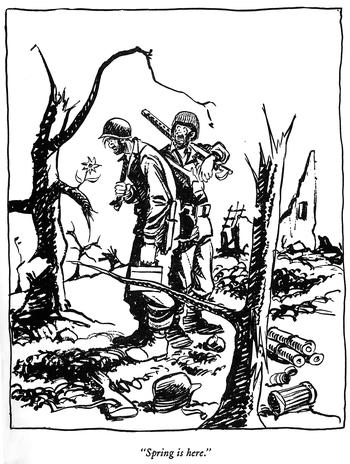 Soliders standing on a bullet-shell-covered land looking at a bare tree with a single flower sprouting on a branch | The bottom of the page reads, “Spring is here.”