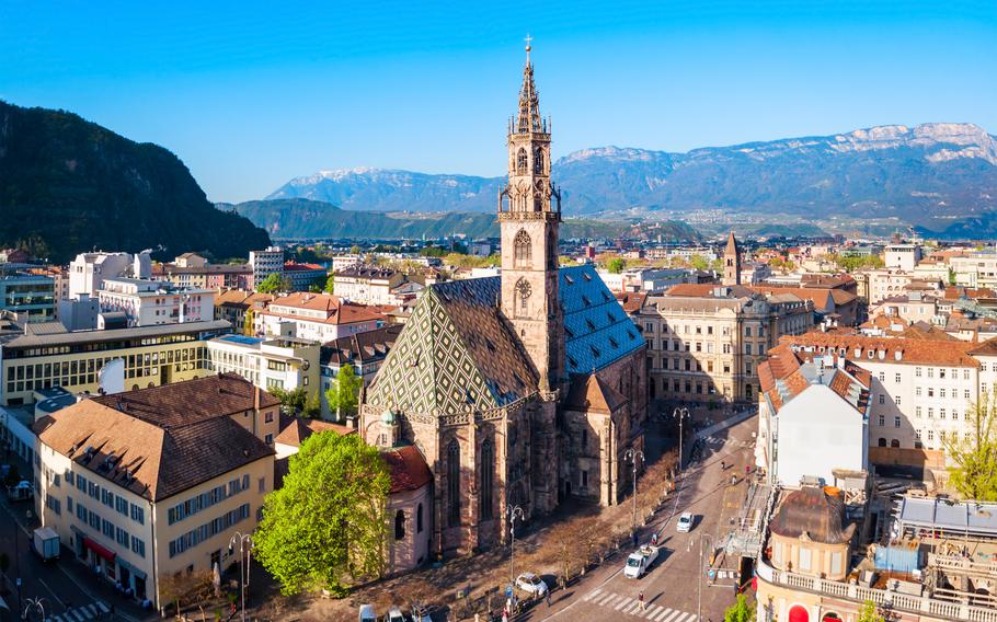 Bolzano Cathedral or Duomo di Bolzano aerial panoramic view, located in Bolzano city in South Tyrol, Italy