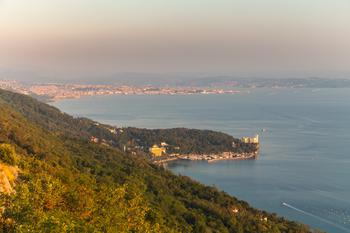 Castle in the distance in the evening with views of many trees and the sea