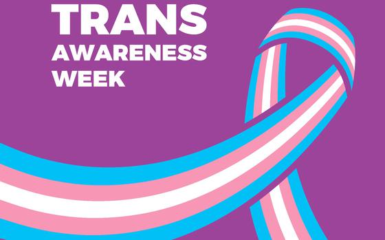 Pink, blue and white ribbon on purple background. Words read: Trans Awareness Week