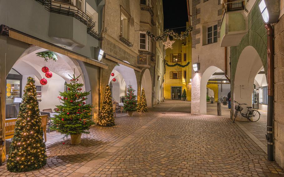 Bolzano is decorated with Christmas trees during the winter holidays.