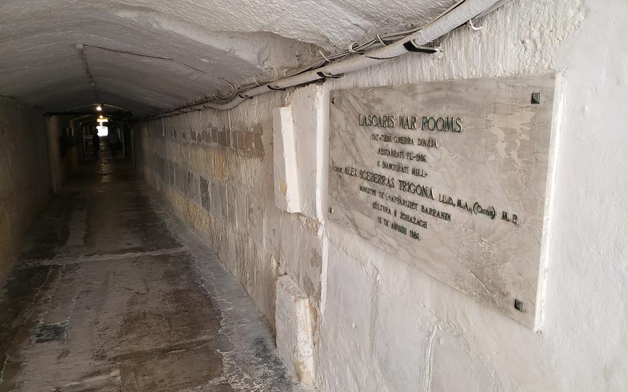 Plaque located at the entrance to the Lascaris War Rooms. It shows the date of the first restoration in 1986 and its inauguration by the Minister of Foreign Affairs, Alex Sceberras Trigona.