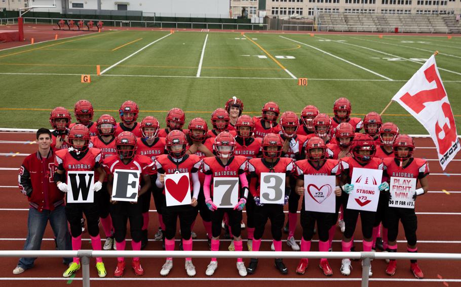 Faculty, staff, students, and families from Kaiserslautern High School rallied at the junior varsity football game at KHS on Friday, Oct. 4, 2024, in support of teammate, Aiden Wall, #73.