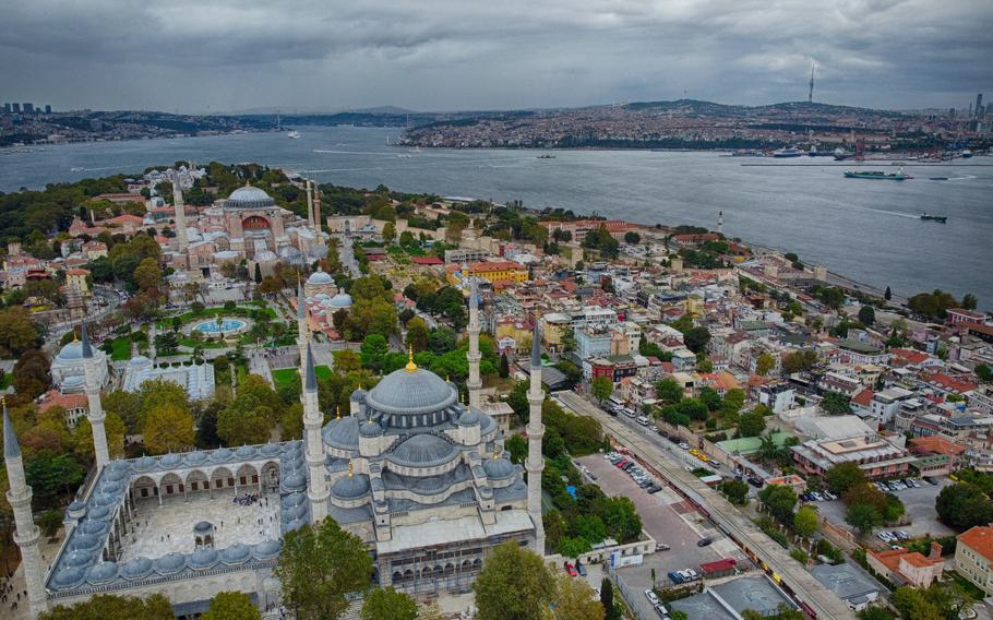 Aerial view of Blue Mosque, Hagia Sofia and surrounding in Istanbul