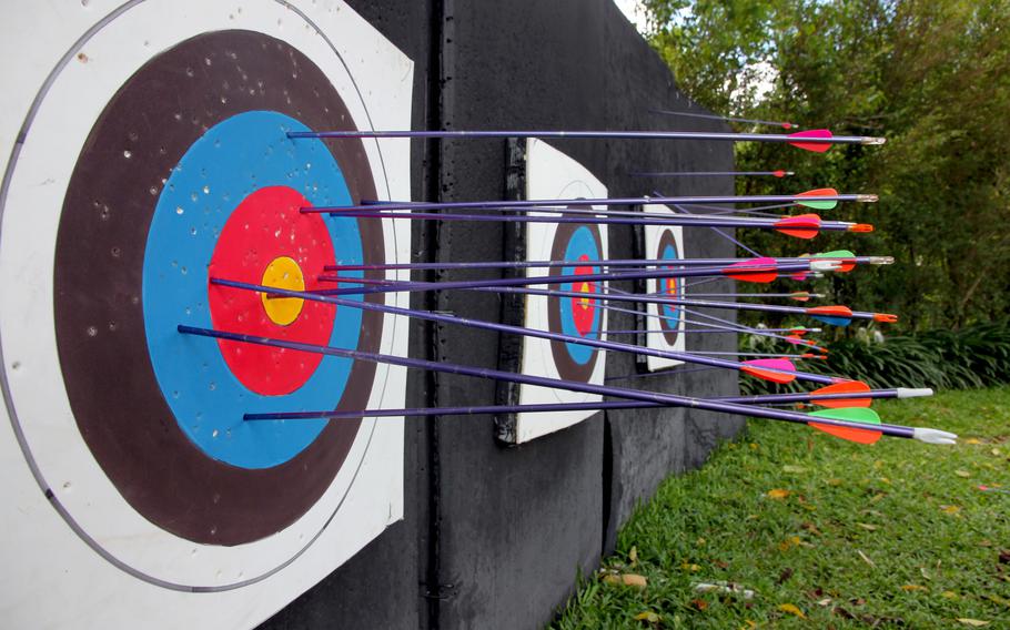 Archery target with arrows in the center. Focus on the target.