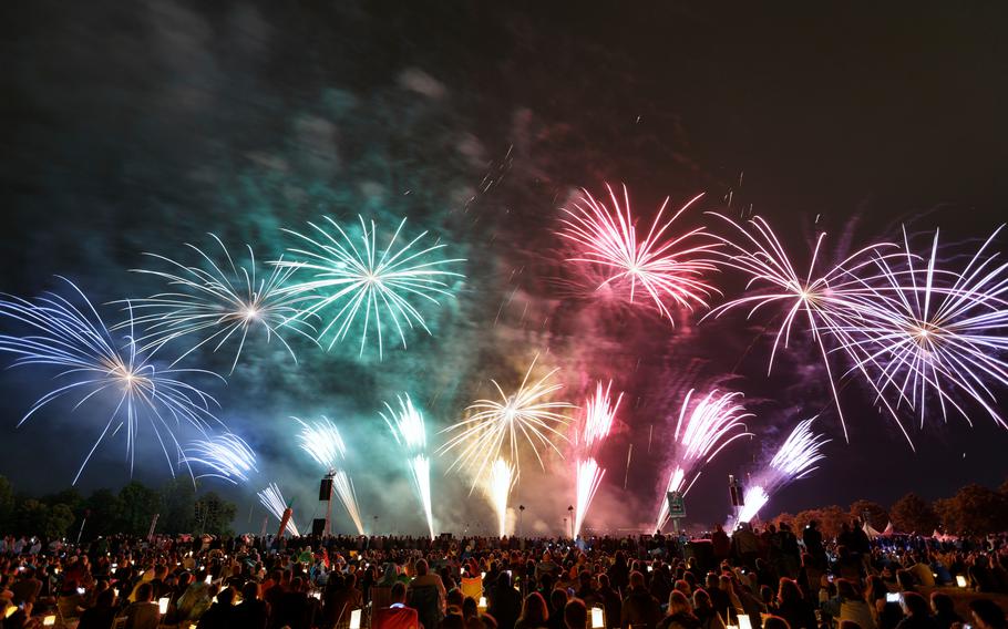 The Flammende Sterne Fireworks Festival lights up the sky in Ostfildern, near Stuttgart, Germany.