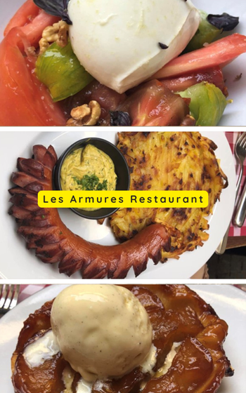 Collage of dishes from Les Armures Restaraurant: Caprese salad, sausage with rosti and mustard and apple tart