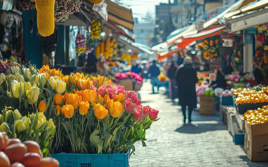 Vibrant Springtime Flower Market Scene with Colorful Tulips and Shoppers. Concept of Urban Floral Markets, Seasonal Blooms, Spring Shopping.