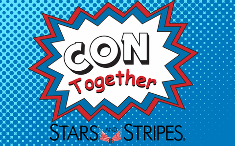 Photo Of The words “Con Together” in a comic book star bubble. It is on a blue background. The black Stars and Stripes logo is under the star.