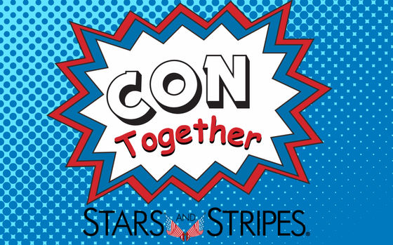 The words “Con Together” in a comic book star bubble. It is on a blue background. The black Stars and Stripes logo is under the star.