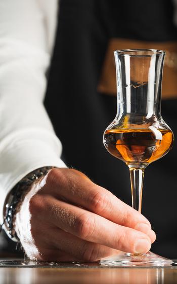A professional bartender in a white shirt and black apron holds a tasting glass. 