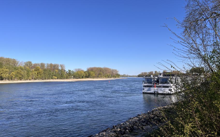a white cruise ship is docked in the shade on the blue Rhine River. The sky is clear and trees are in bloom. 
