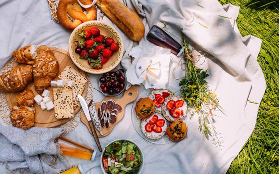 Picnic in the field with berries, juice, cheese, sausage and sweet croissants. Summer eco picnic on the grass with organic linen tablecloth and bedspread.