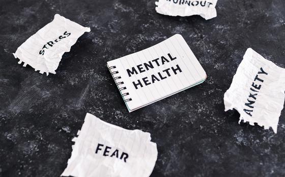 Mental health text on notepad surrounded by Fear Anxiety Stress and Burnout words on scrunched up pages on black background, psychology and wellness concept