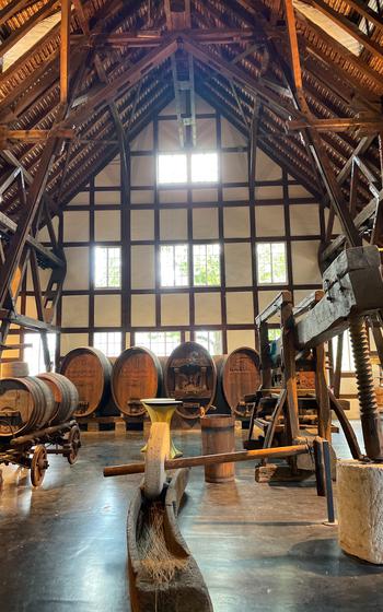 Wine barrels indoors illuminated by sunlight coming through the windows