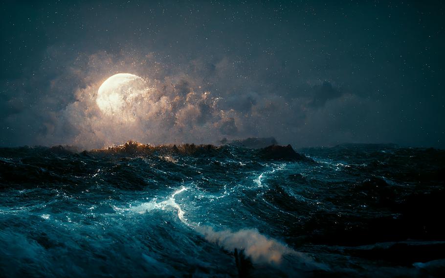 Moonlight Night Stormy Seascape 