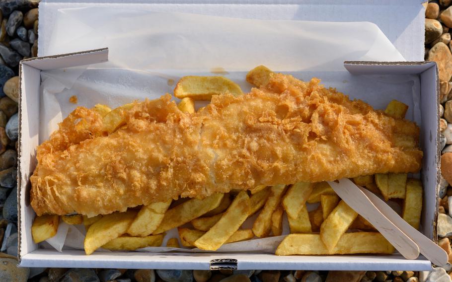 Box with Fish and Chips Take Away with Salt and Vinegar