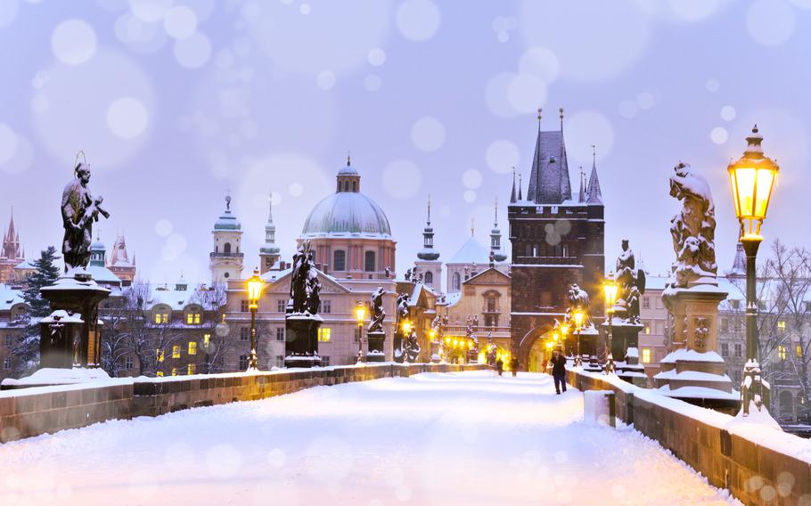 The Charles Bridge in old town Prague during the winter.