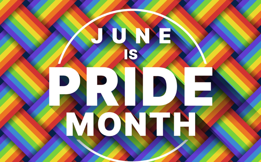 Words “June is Pride Month” on a rainbow background