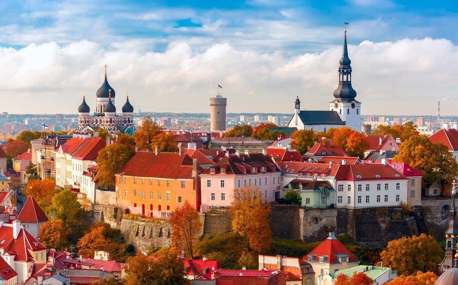 Toompea hill with tower Pikk Hermann, Cathedral Church of Saint Mary Toomkirik and Russian Orthodox Alexander Nevsky Cathedral, view from the tower of St. Olaf church, Tallinn, Estonia