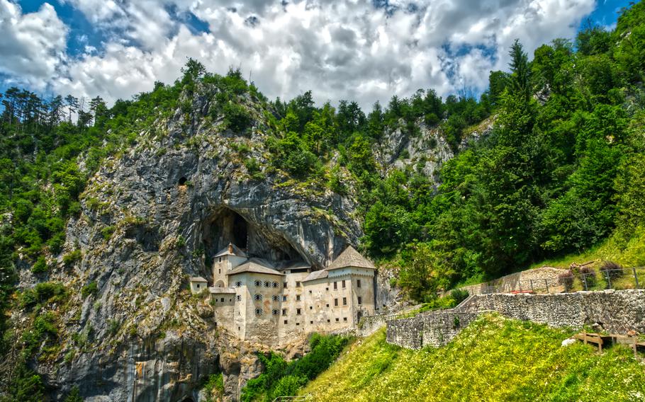 a castle nestled in the rocky cliffside of a mountain with trees growing all around