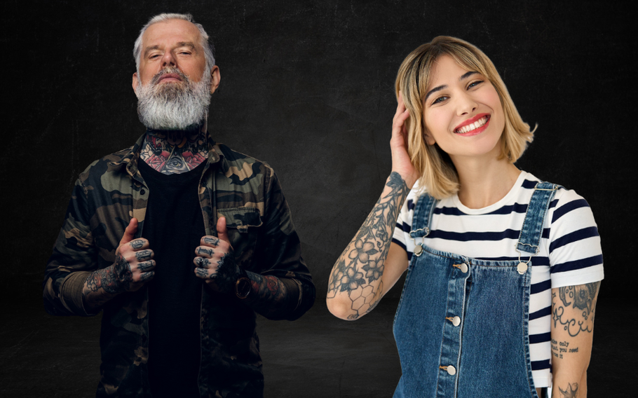 Older tattooed man and younger tattooed woman standing next to each other