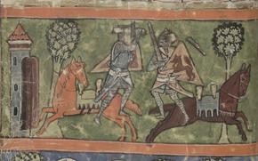 Scene from the manuscript of the epic poem of Parzival, written in the 1200s.