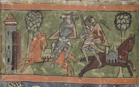 Scene from the manuscript of the epic poem of Parzival, written in the 1200s.