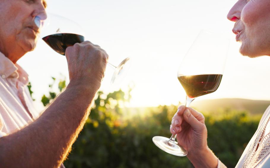 Hands, drink and wine with  couple in vineyard.