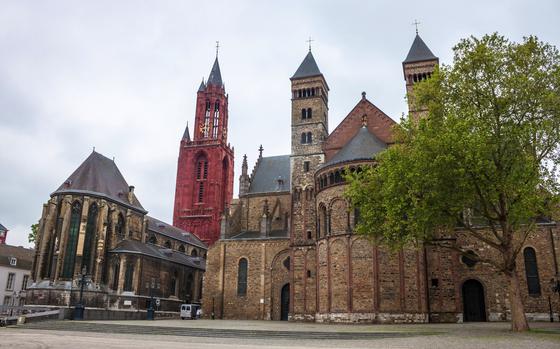 Saint Servatius basilica and Saint Johns church in Maastricht on a cloudy day