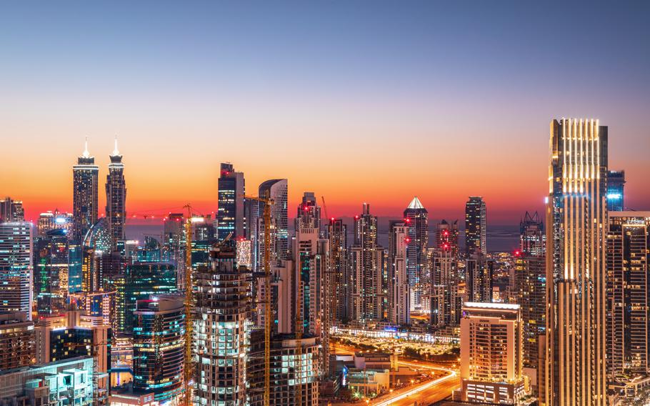 Sunrise view over Dubai city center skyline, United Arab Emirates