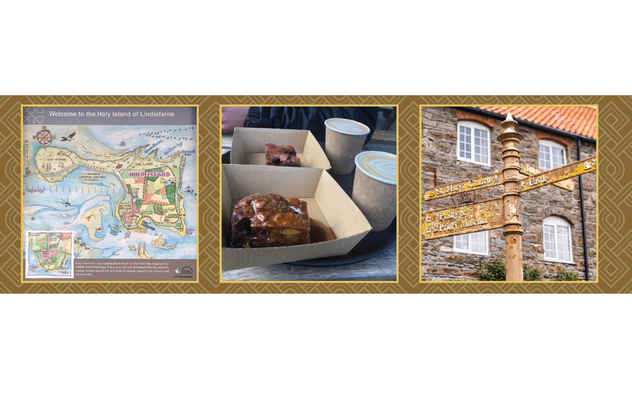 A photo collage capturing Holy Island’s unique character. The first image shows a detailed map highlighting landmarks like Lindisfarne Castle and nature reserves. The second image presents desserts and coffees from the Pilgrims Café, showcasing local flavors. The third image features a weathered gold signpost pointing to sites like St. Mary’s Church and the Priory Museum, set against the backdrop of charming stone architecture.