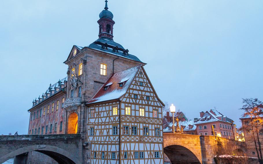 Lovely City of Bamberg, Germany at the Blue morning Hour in Winter