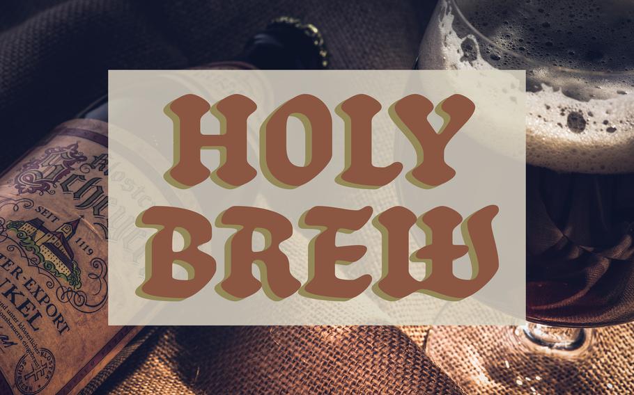 The words “Holy Brew” overlay an old beer bottle and glass of dunkel.