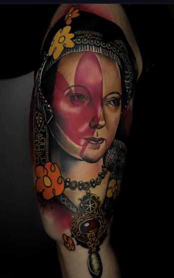 Completed tattoo of Queen Katherine Parr on arm